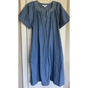 Go Softly Denim House Day Dress Mumu Kaftan Patio Large Granny Jean Embroidered